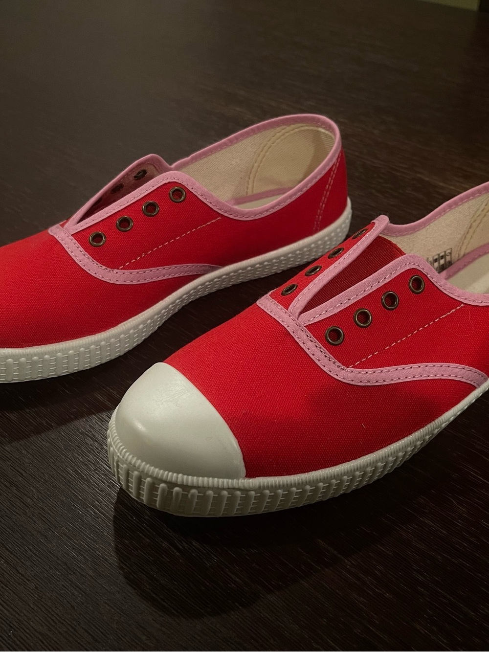 NWOT Boden Women’s Red Canvas Slip-On Sneakers with Pink Trim